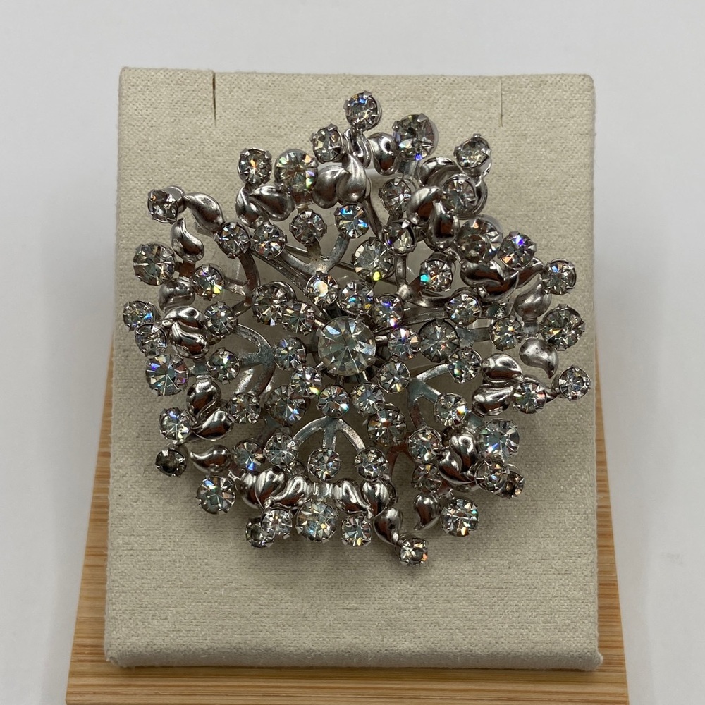 Vintage VTG Rhinestone Sunburst Brooch Pin Silver Tone